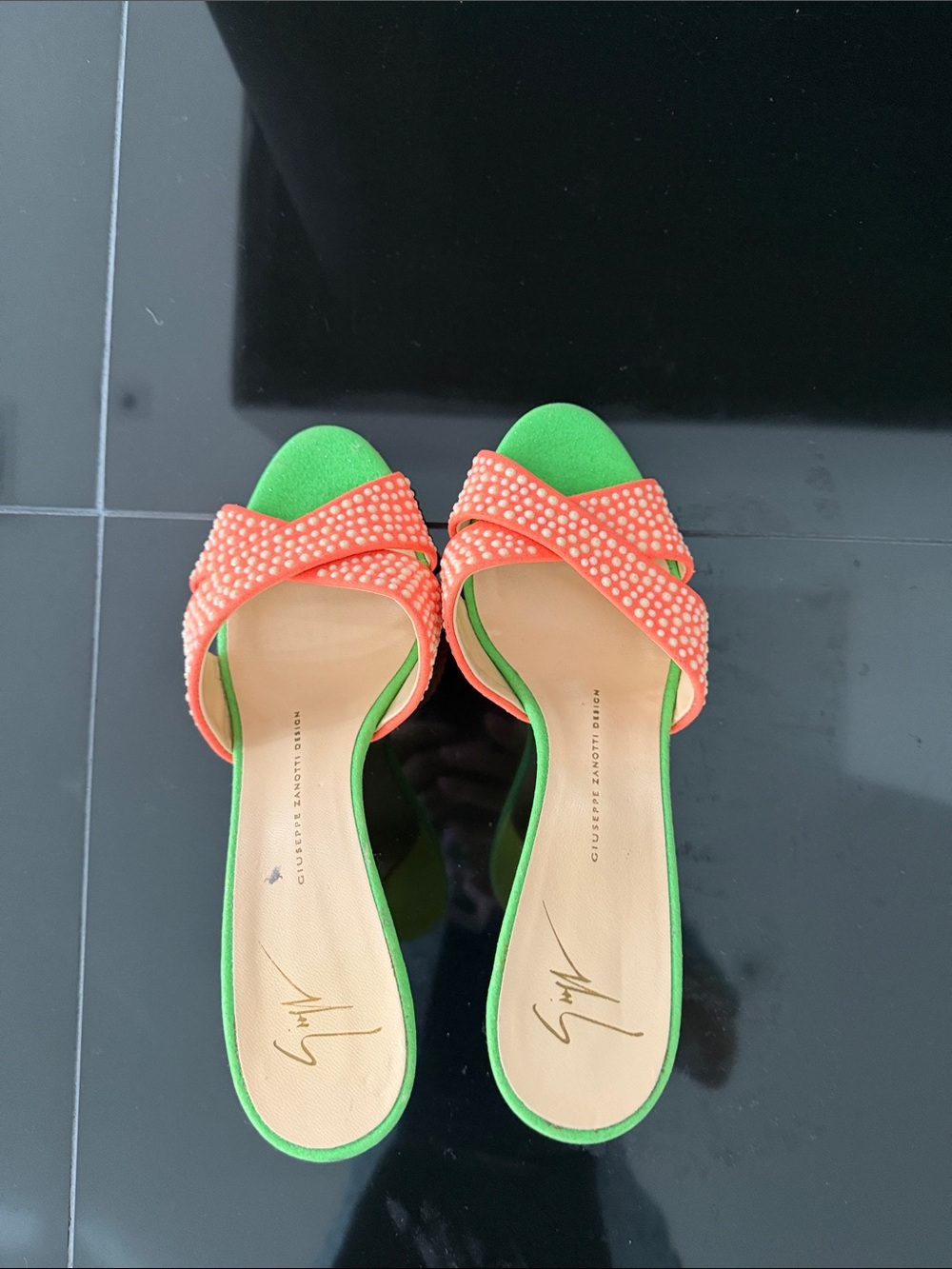 Giuseppe Zanotti Coral Crystal Wrap Slide Sandals with Green Footbed - Picture 2 of 11